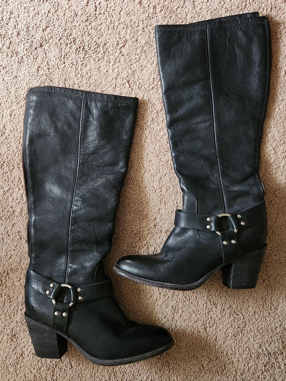 FRYE Black Leather Tall Black Boots Harness 8.5 Women's Boho Biker Western